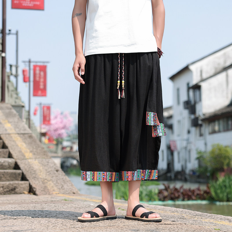 民族风复古中式A棉麻宽松大裤裆舞蹈阔腿裤七分裤男DK186-P68控88，男装牛仔裤，电商A005