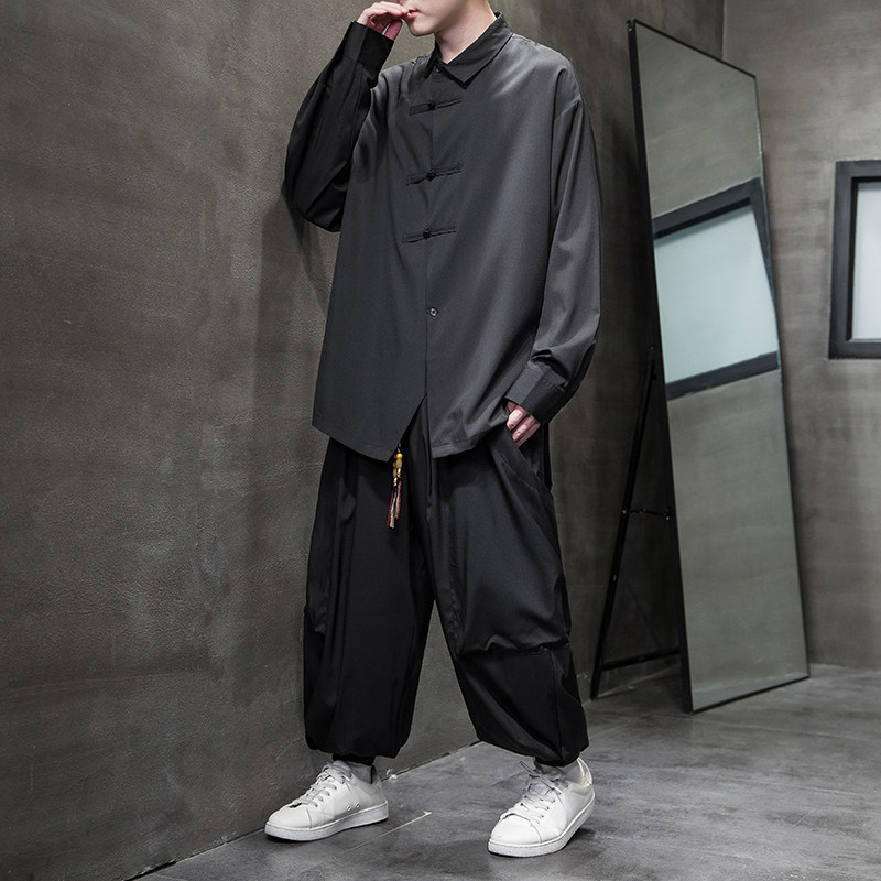 新中式暗黑A盘扣冰丝衬衫工装机能大口袋裤套装男TZ26-P130控158,男装T恤,电商A005