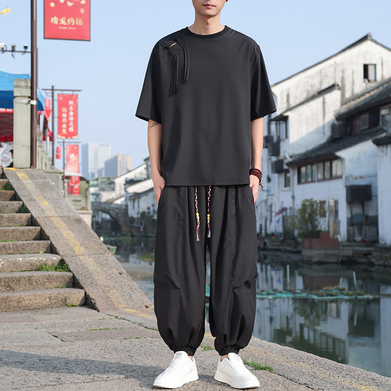 新中式A肩膀盘扣设计暗黑冰丝t恤男大口袋裤男套装TZ88-P120控148图片