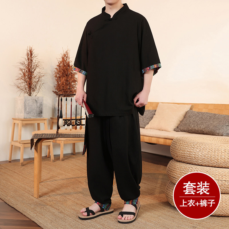 民族风G斜襟盘扣亚麻拼色中袖衬衫阔腿裤套装男TZ157-P143控168，男装衬衫，电商A005