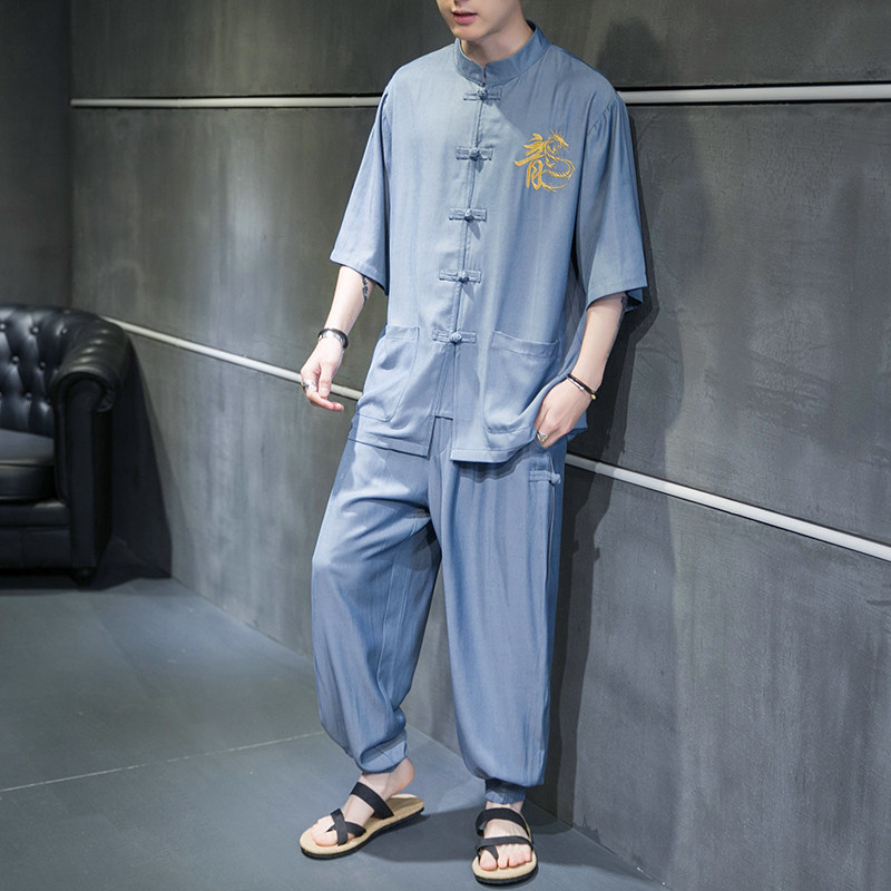 风盘扣冰丝龙刺绣A太极服装盘扣天丝上衣套装TZ08-P110控138,男装休闲套装,电商A005