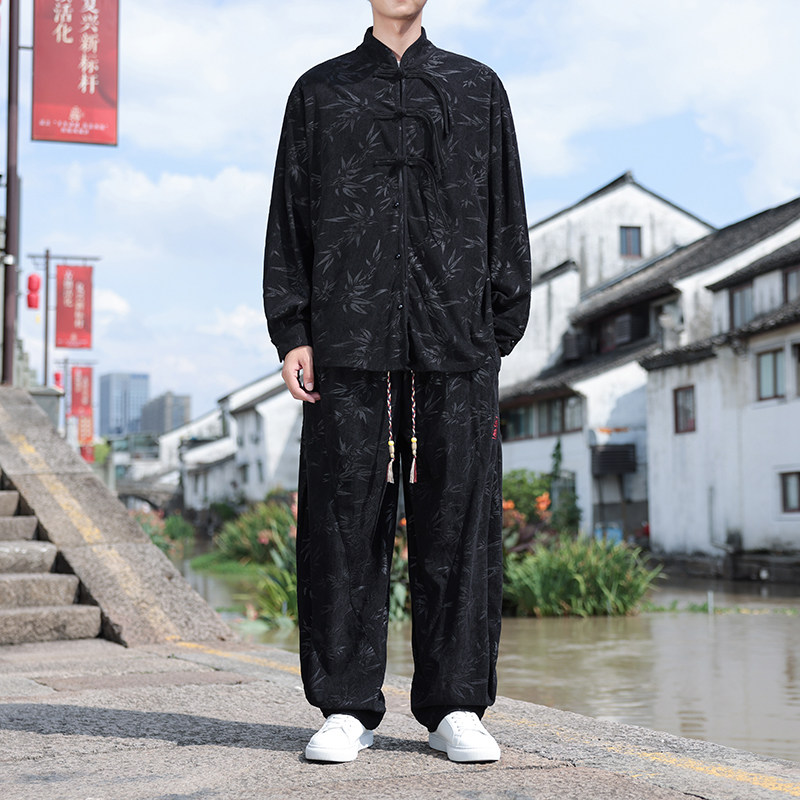 风E盘扣树叶暗花灯芯绒衬衫夹克阔腿裤套装男TZ121-P136控158,男装T恤,电商A005