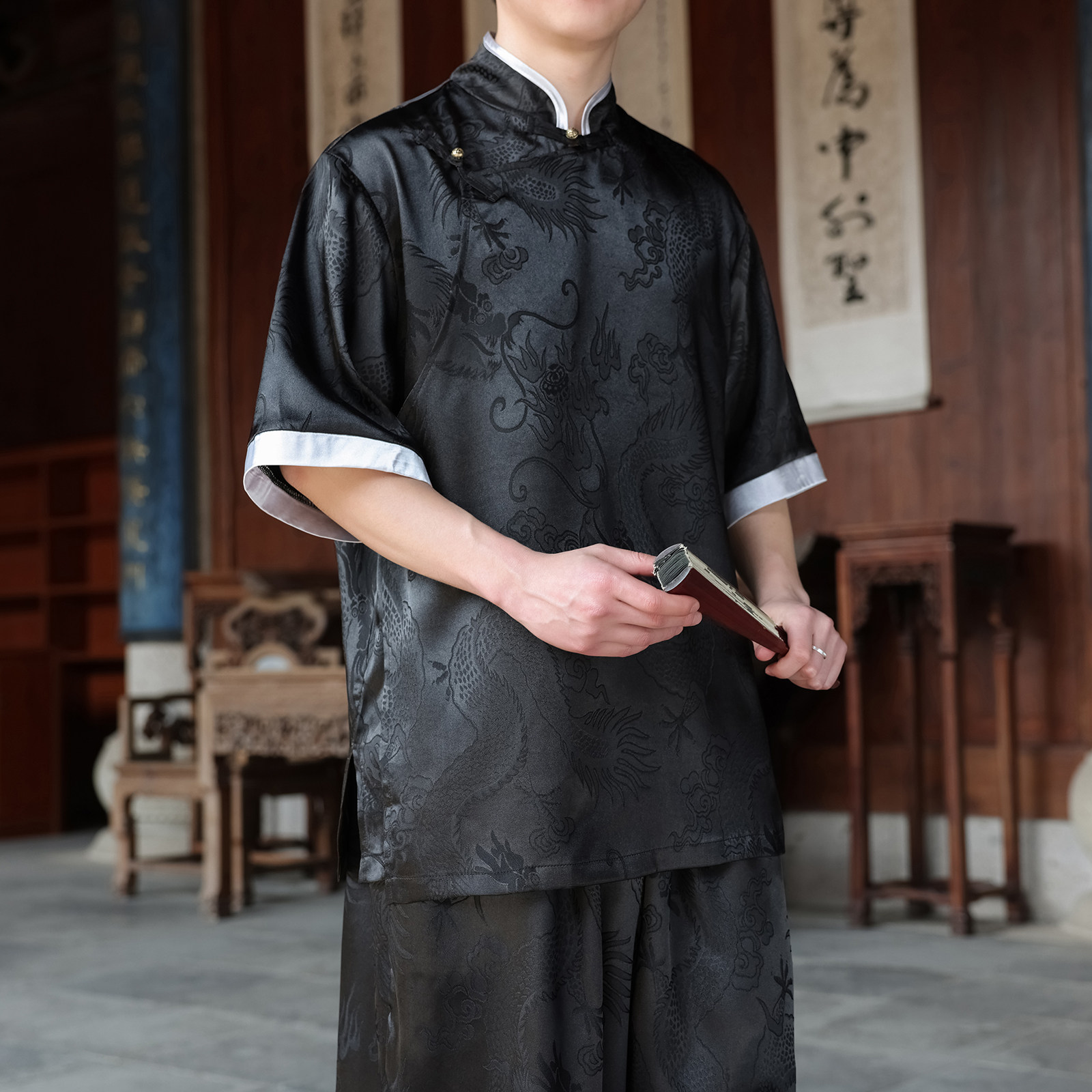 新中式I风斜襟盘扣龙纹冰丝中山装衬衫夹克外套男CS76-P65控78,男装夹克,电商A005