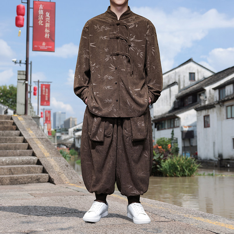 风V树叶暗花灯芯绒衬衫夹克束脚飞鼠裤套装男TZ118-P136控158图片