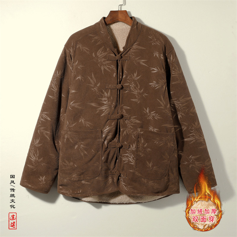 新中式L树叶灯芯绒羊羔毛加绒加厚双面穿棉服夹克JK15-P135控158图片