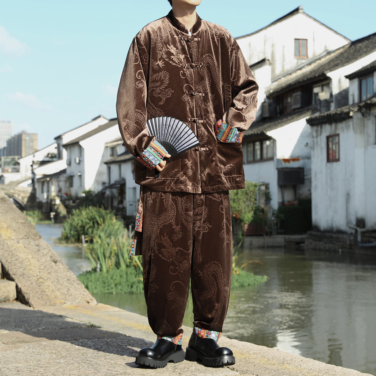 新中式F民族风金丝绒龙纹夹克舞蹈阔腿裤套装男TZ175-P143控168,男装休闲套装,电商A005