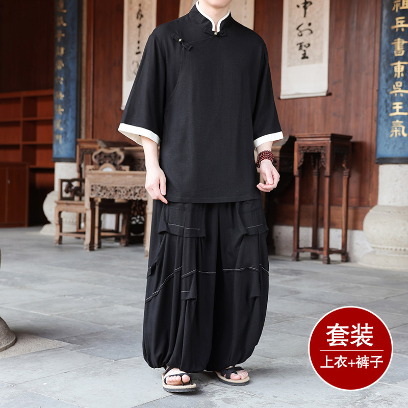 风A斜襟棉麻衬衫中山装外套折褶阔腿裤套装男TZ170-P166控188,男装衬衫,电商A005