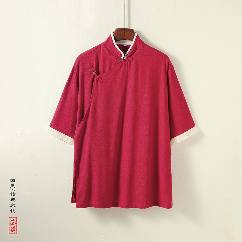 新中式K斜襟盘扣亚麻棉麻中山装立领中袖衬衫外套CS79-P88控108图片