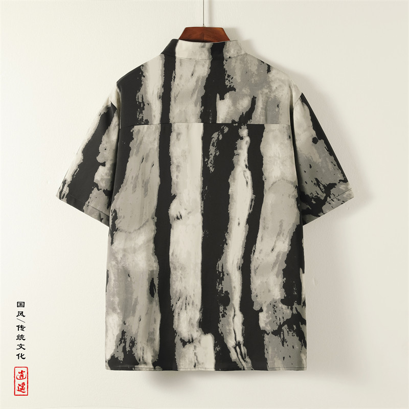 改良风新中式C水墨扎染渐变条纹盘扣冰丝短袖衬衫CS59-P58控78,男装T恤,电商A005