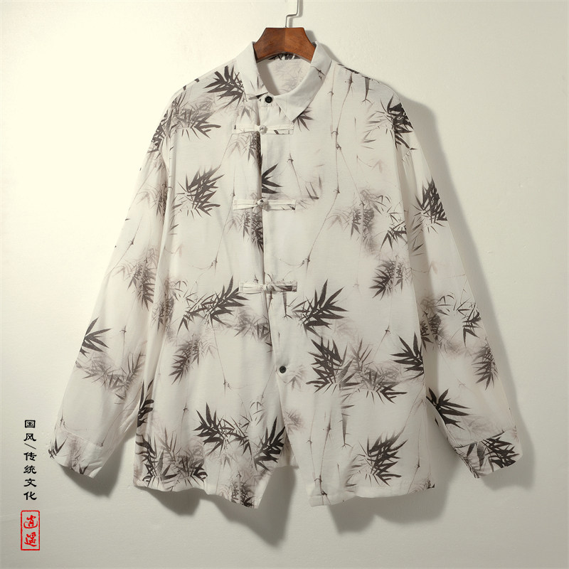 新中式风A冰丝水墨竹子树叶盘扣小众设计衬衫t恤男CS19-P68控88图片