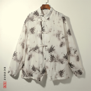 新中式风A冰丝水墨竹子树叶盘扣小众设计衬衫t恤男CS19-P68控88图片