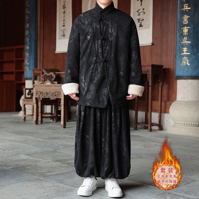 新中式AK龙纹灯芯绒羊羔毛夹克棉衣服保暖套装男TZ131-P203控228,男装休闲套装,电商A005