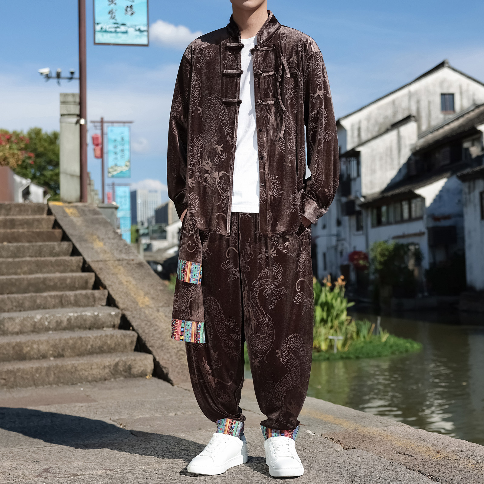 新中式D盘扣龙纹暗花金丝绒夹克舞蹈阔腿裤套装男TZ180-P136控158,男装休闲套装,电商A005