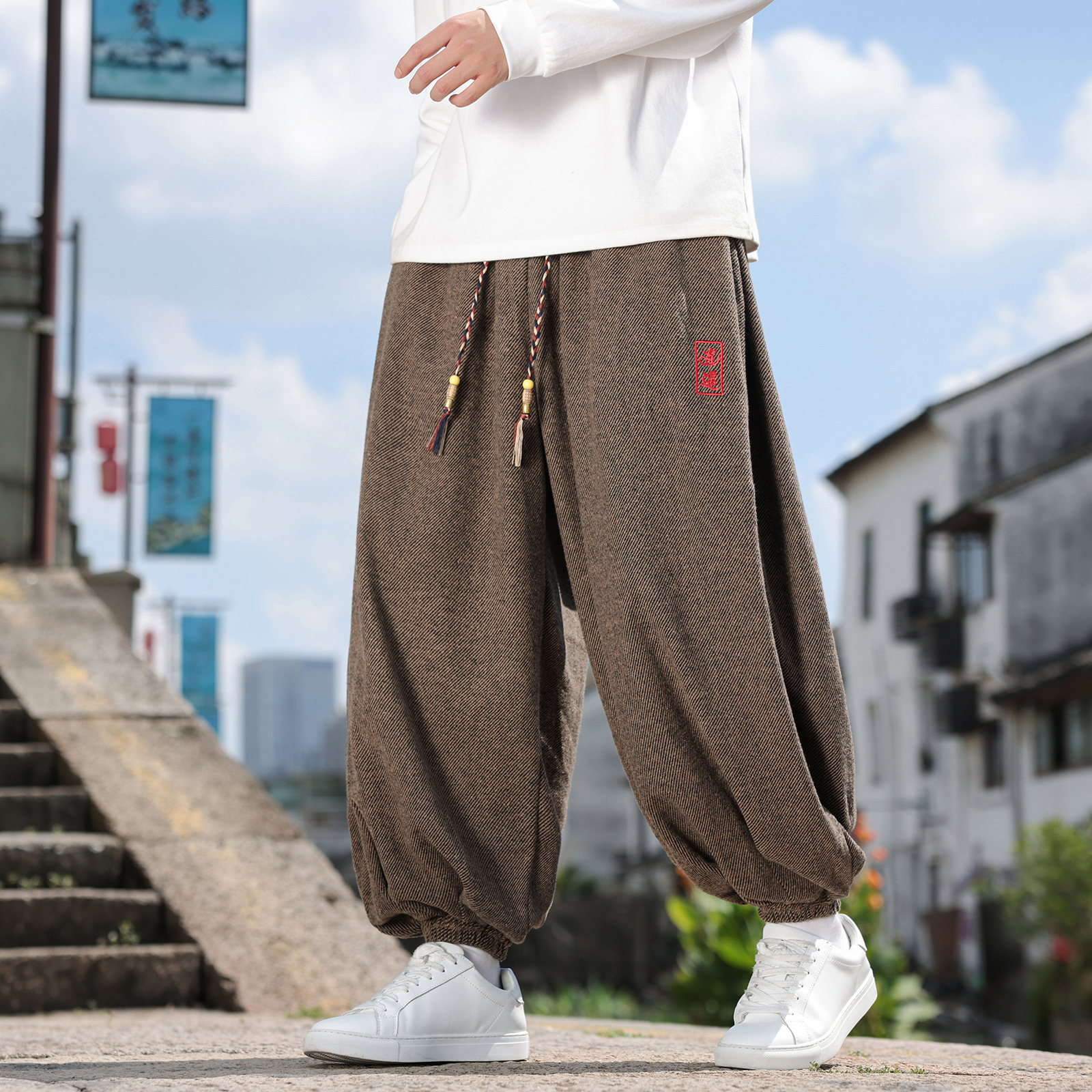风O新中式保暖毛呢料刺绣古风大码阔腿束脚裤男K260-P78控98，男装棉衣，电商A005