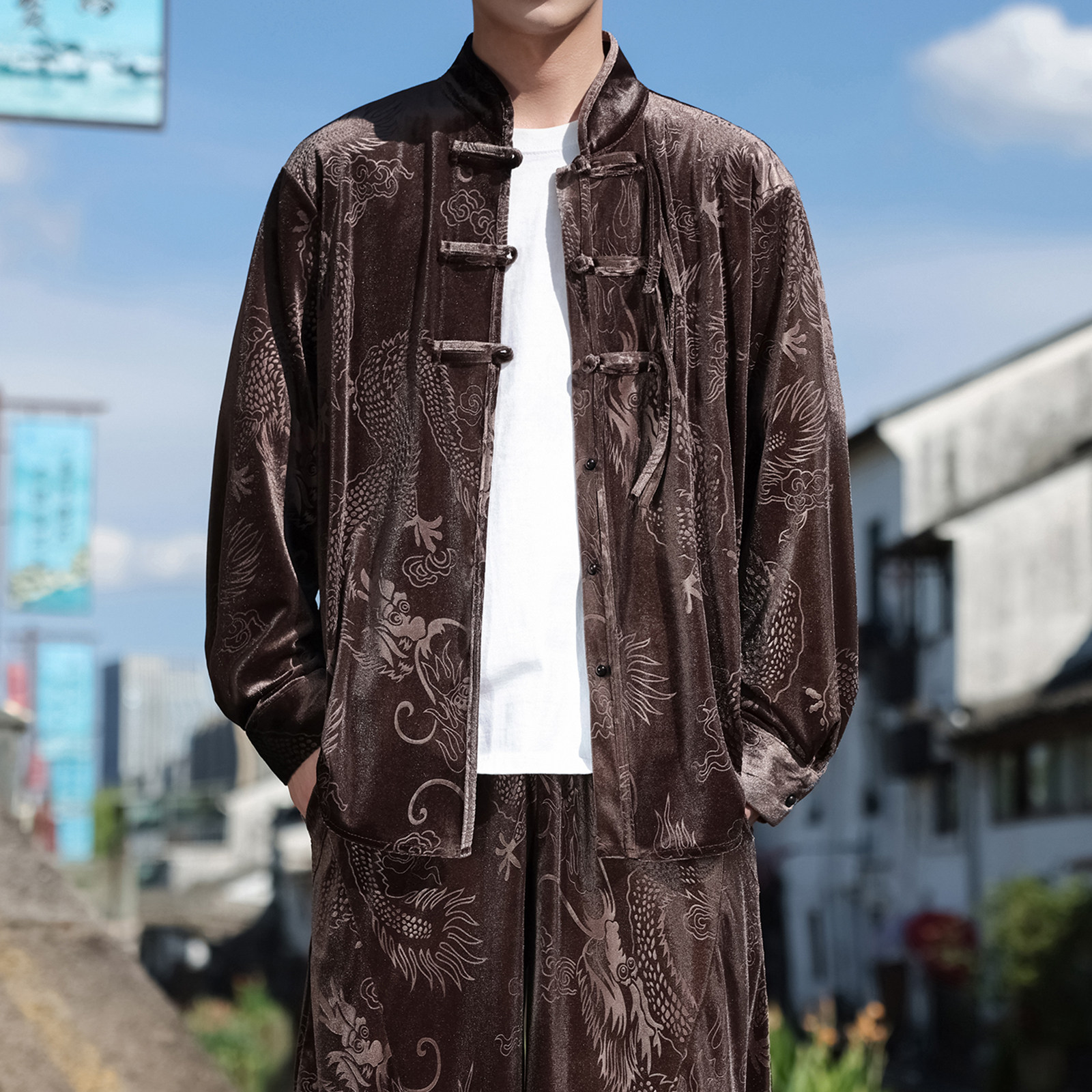 新中式I盘扣小众设计龙纹暗花金丝绒衬衫夹克外套男JK27-P68控88图片