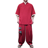 斜襟盘扣G亚麻中袖衬衫民族风演出阔腿裤套装男TZ166-P176控198，男装衬衫，电商A005