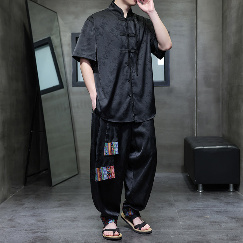 风C树叶暗纹提花冰丝短袖衬衫男飞鼠裤套装男TZ171-P136控158,男装衬衫,电商A005