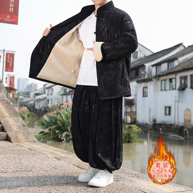 新中式AP龙纹灯芯绒羊羔毛夹克棉衣服保暖套装男TZ131-P203控228,男装夹克,电商A005