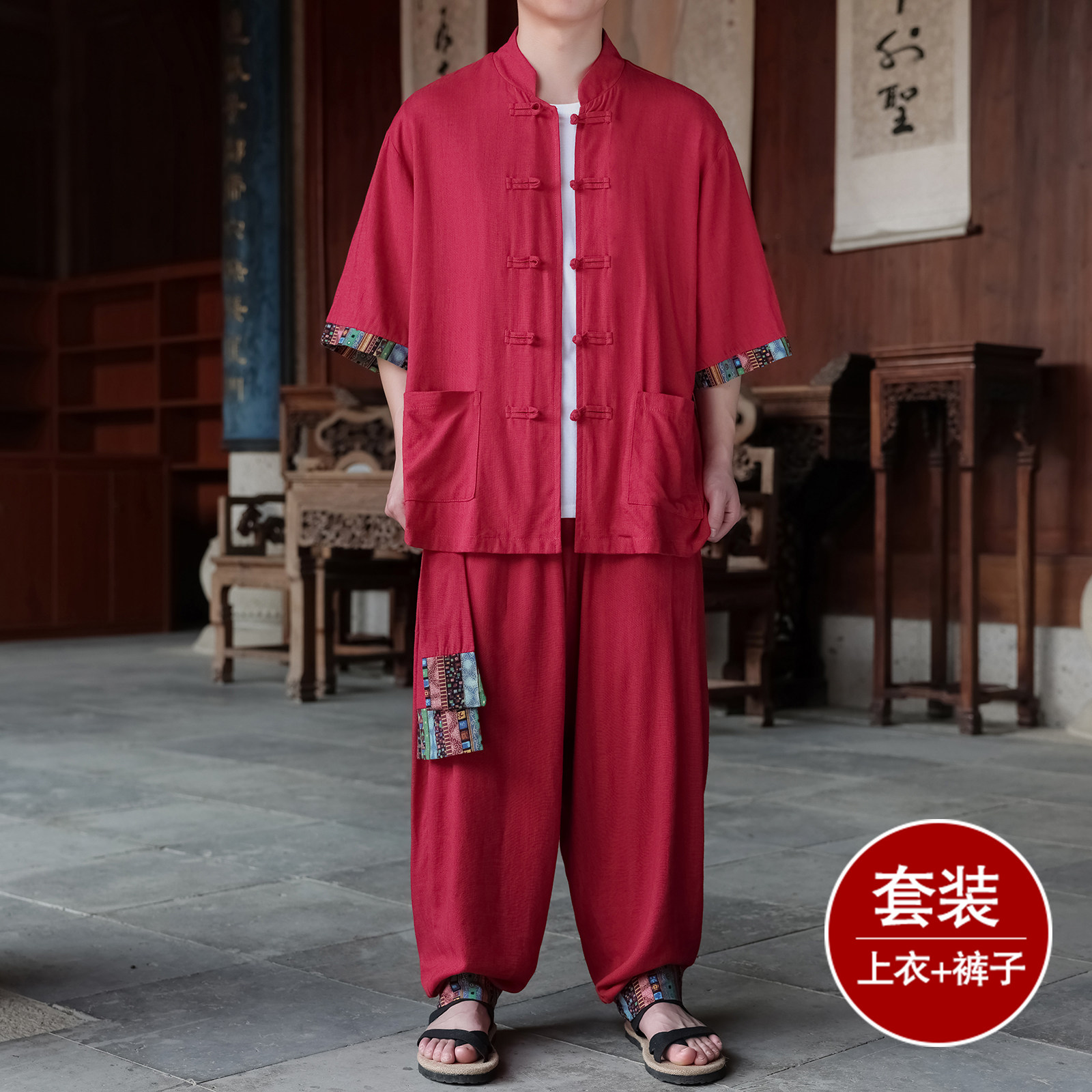 风民族风I盘扣亚麻棉麻衬衫大裤裆舞蹈阔腿裤TZ167-P150控198,男装休闲套装,电商A005