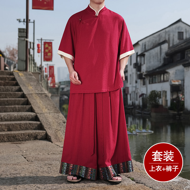 斜襟盘扣B亚麻中袖衬衫民族风复古裙裤阔腿裤套装TZ165-P176控198，男装衬衫，电商A005