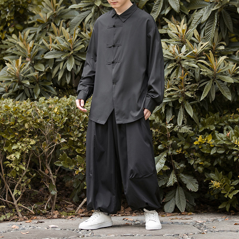 新中式暗黑D盘扣冰丝衬衫工装机能大口袋裤套装男TZ26-P130控158，男装T恤，电商A005