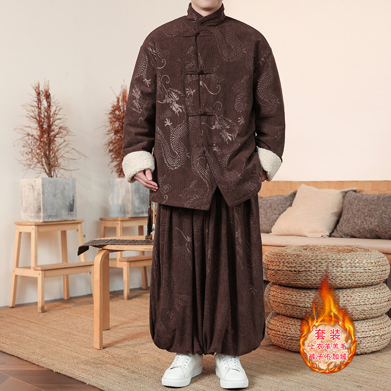 新中式Y龙纹灯芯绒羊羔毛夹克棉衣服保暖套装男TZ131-P203控228,男装夹克,电商A005