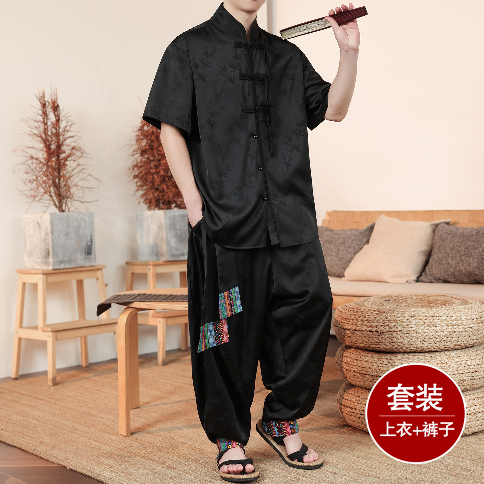 风E树叶暗纹提花冰丝短袖衬衫男飞鼠裤套装男TZ171-P136控158,男装休闲套装,电商A005