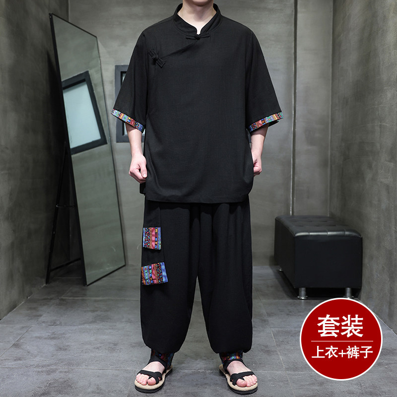民族风E斜襟盘扣亚麻拼色中袖衬衫阔腿裤套装男TZ157-P143控168,男装衬衫,电商A005