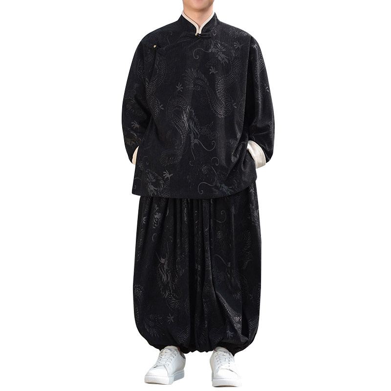 新中式AJ龙纹灯芯绒中山装夹克外套束脚裤套装男TZ132-P173控198,男装夹克,电商A005