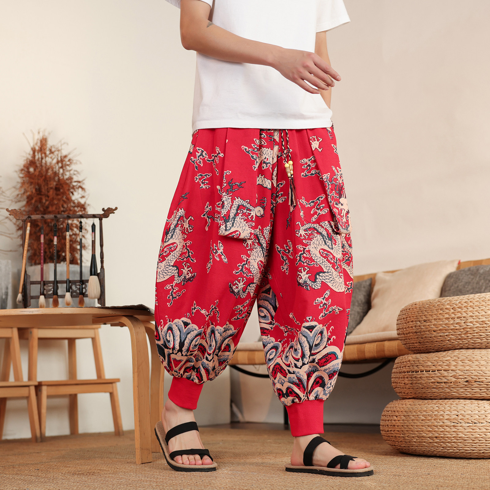 超大码8XL风小众设计龙纹九分裤哈伦裤飞鼠裤K268-P58控78，男装休闲裤，电商A005