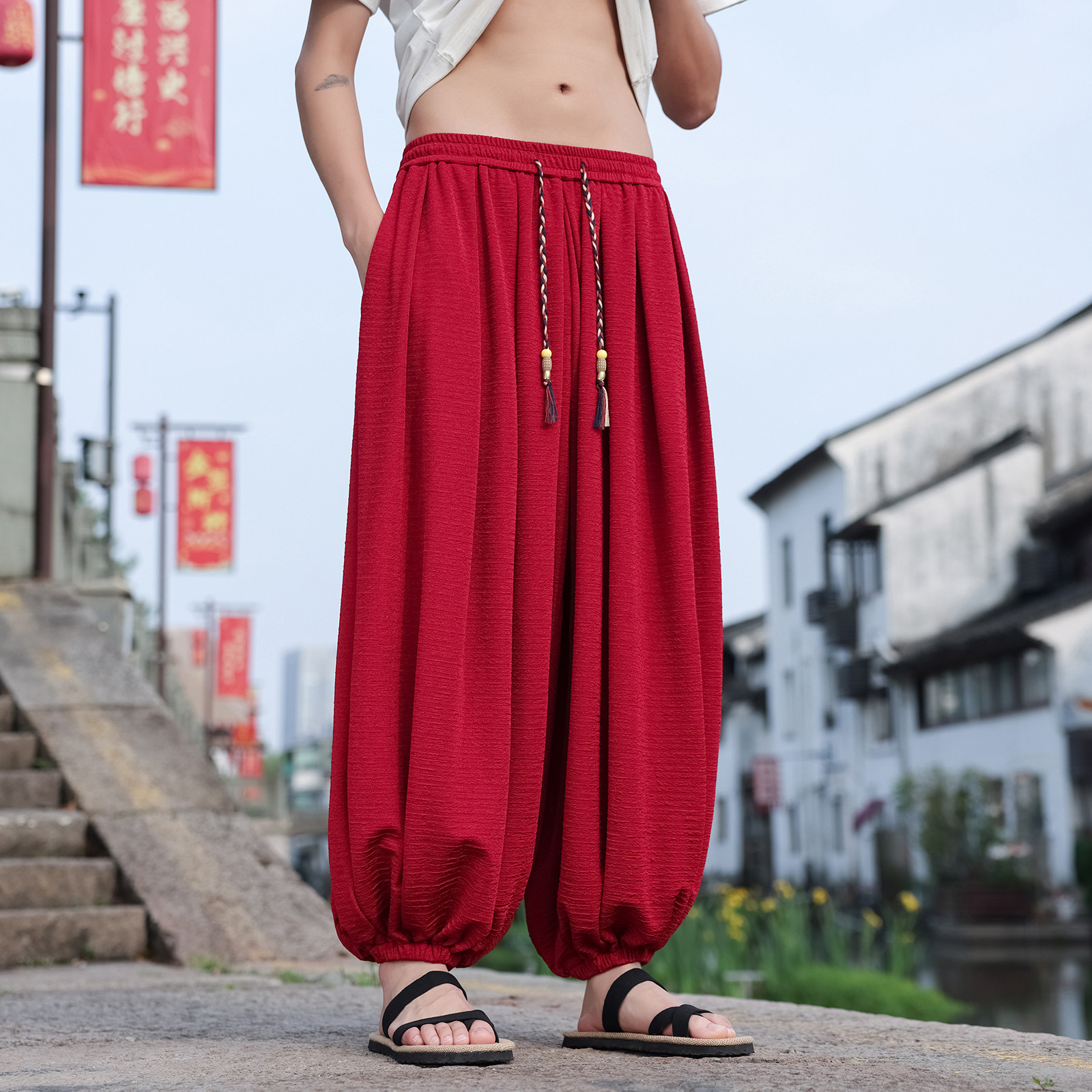 风A冰丝肌理感痞帅九分裤夏季大桶裤宽松长裤男K250-P68控88图片
