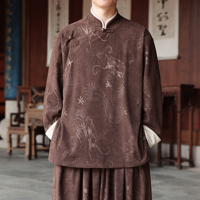 新中式T斜襟盘扣龙纹灯芯绒中山装立领夹克外套男JK20-P105控138图片