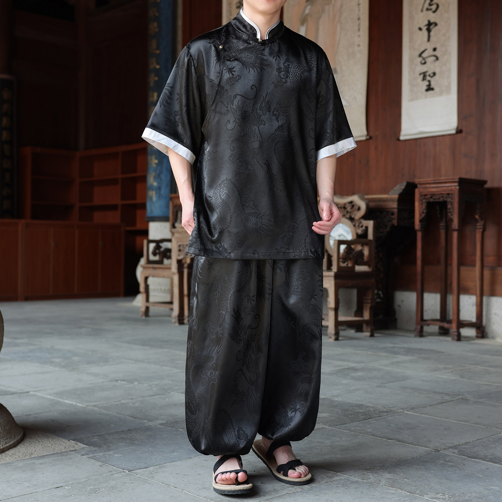 风F盘扣暗花龙纹冰丝中山装衬衫萝卜裤套装男TZ160-P120控148,男装休闲套装,电商A005