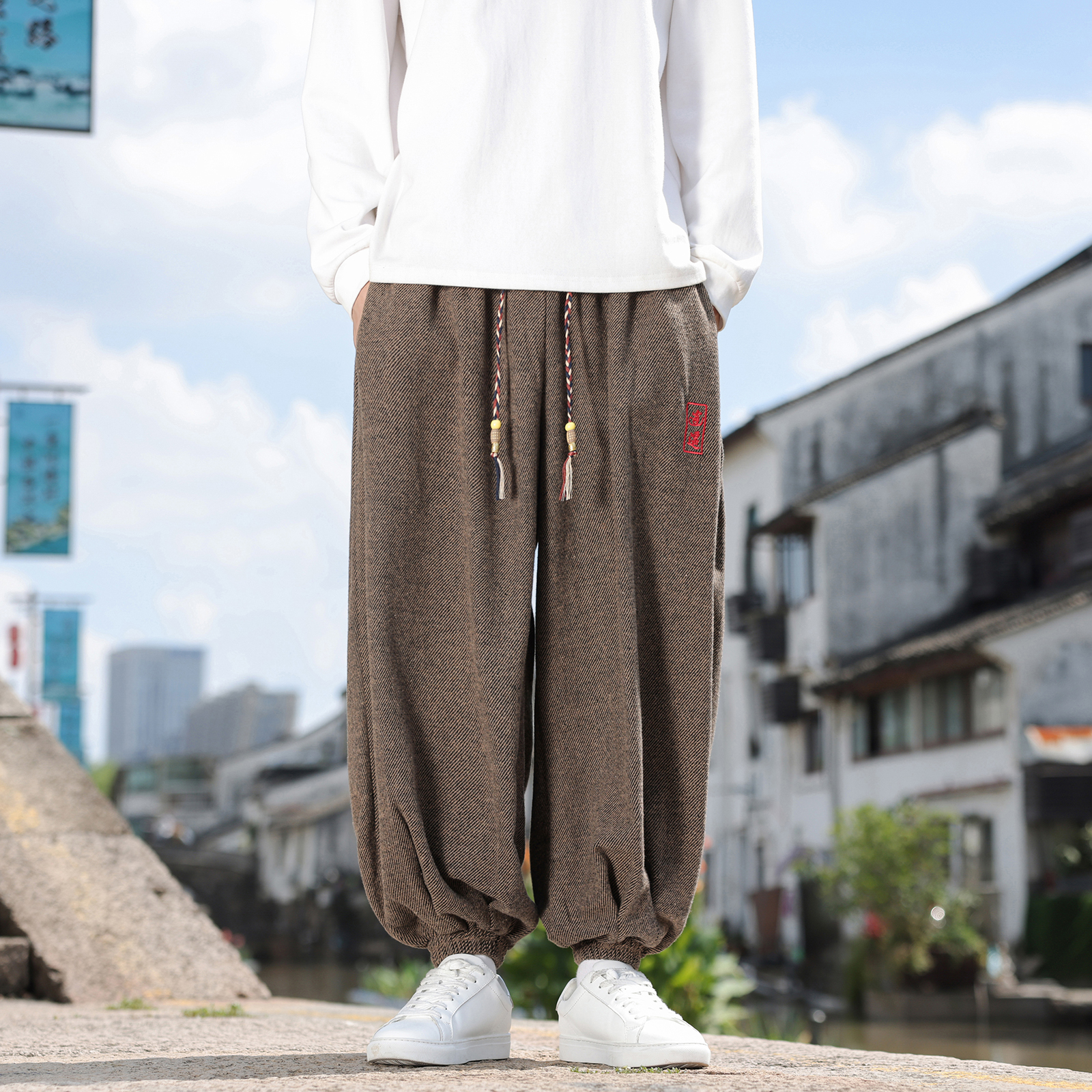 风M新中式保暖毛呢料刺绣古风大码阔腿束脚裤男K260-P78控98，男装棉衣，电商A005
