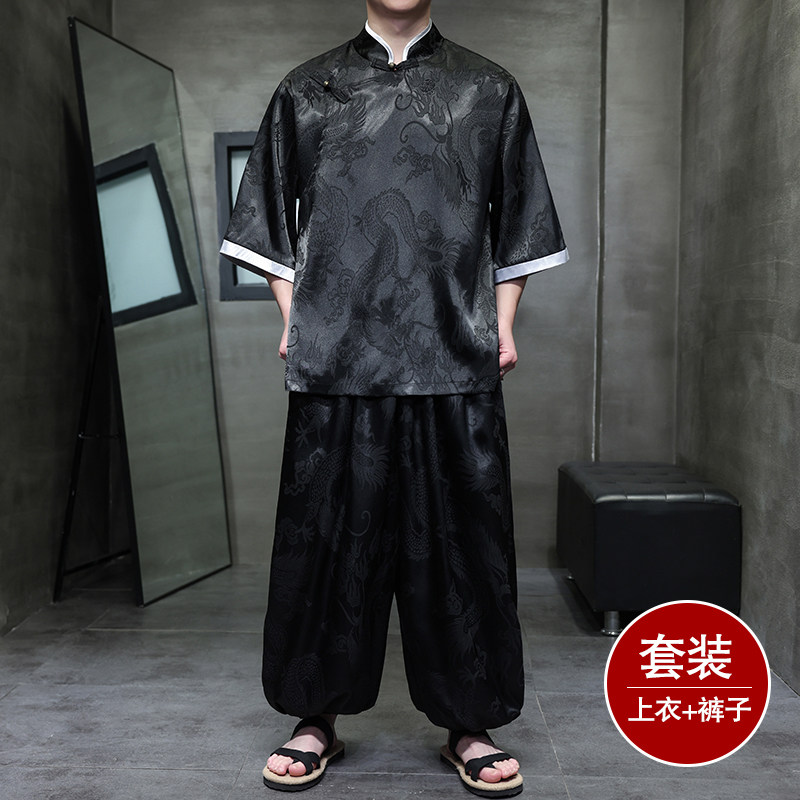 风C盘扣暗花龙纹冰丝中山装衬衫萝卜裤套装男TZ160-P120控148,男装衬衫,电商A005