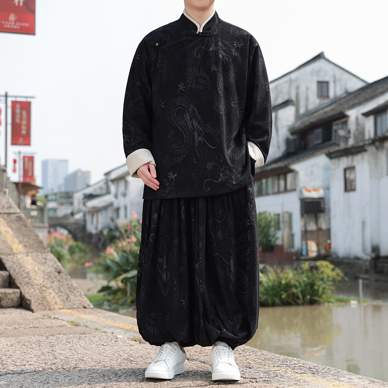 新中式AC龙纹灯芯绒中山装夹克外套束脚裤套装男TZ132-P173控198,男装夹克,电商A005