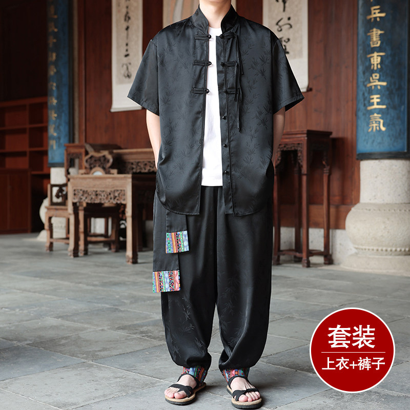 风A树叶暗纹提花冰丝短袖衬衫男飞鼠裤套装男TZ171-P136控158图片
