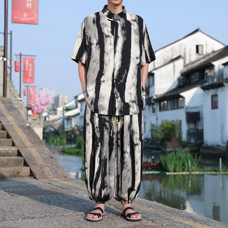 新中式F水墨扎染渐变条纹盘扣冰丝衬衫男小众长裤TZ99-P126控148,男装衬衫,电商A005