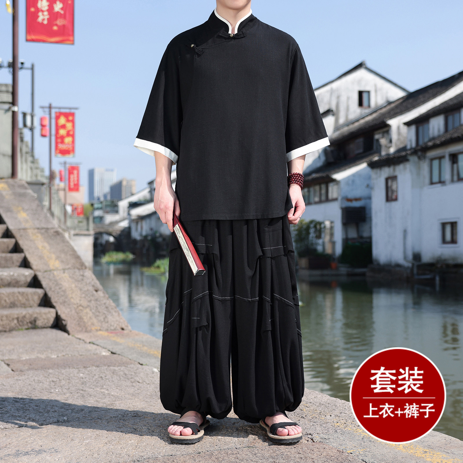 风Q斜襟棉麻衬衫中山装外套折褶阔腿裤套装男TZ170-P166控188,男装休闲套装,电商A005