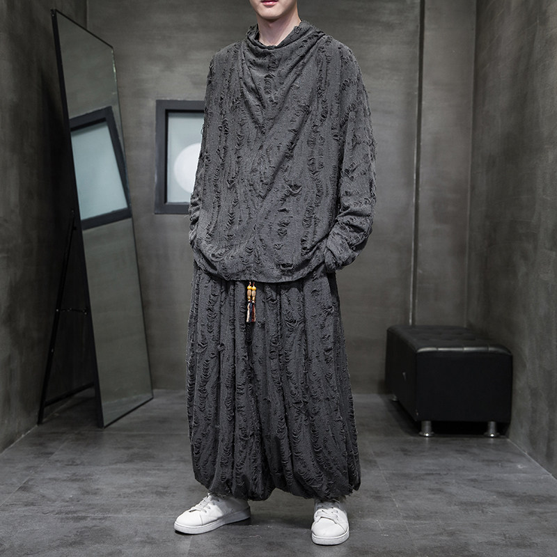 新中式B破洞不规则领堆堆领小众束脚阔腿裤套装男TZ30-P143控168，男装T恤，电商A005