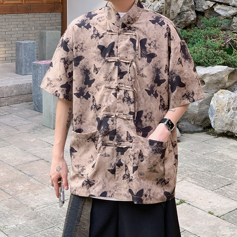 新中式L盘扣短袖衬衫男改良汉服唐装蝴蝶印花外套CS56-P65控88,男装T恤,电商A005