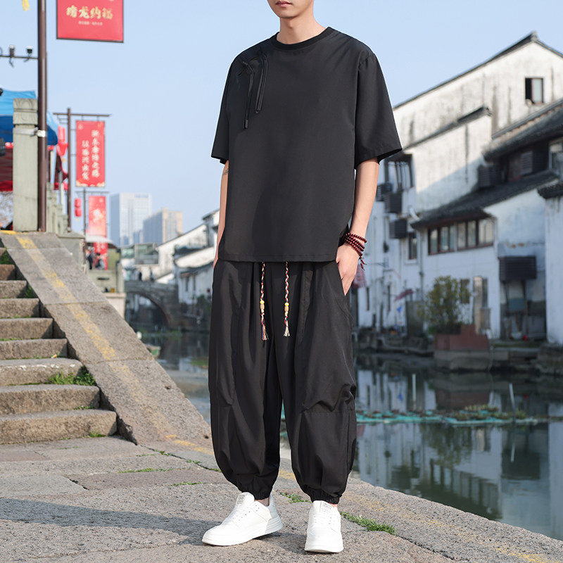 新中式A肩膀盘扣设计暗黑冰丝t恤男大口袋裤男套装TZ88-P120控148,男装休闲套装,电商A005