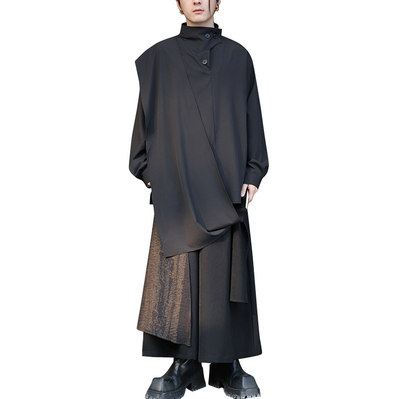 新中式A纽扣半高领衬衫拼接围布风裙裤套装TZ60-P150控178,男装衬衫,电商A005