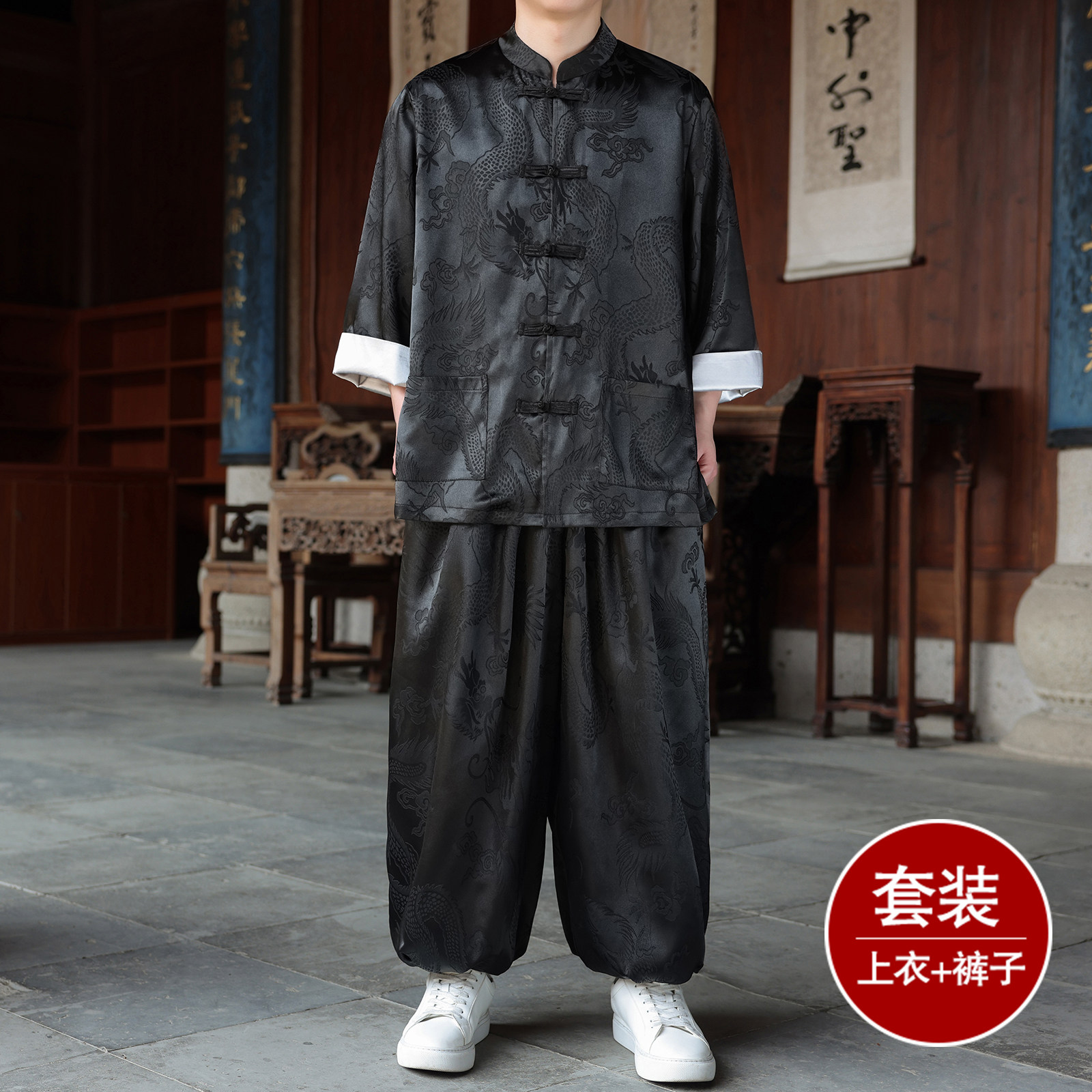 风L盘扣暗花龙纹冰丝衬衫萝卜裤套装男TZ159-P120控148图片