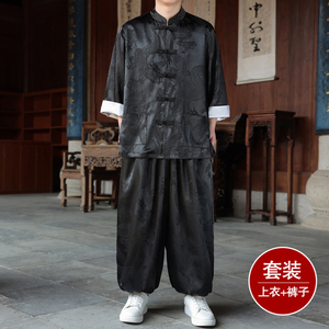 风L盘扣暗花龙纹冰丝衬衫萝卜裤套装男TZ159-P120控148图片