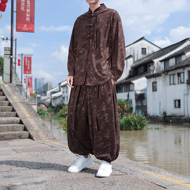 风盘扣C树叶暗花灯芯绒衬衫夹克束脚裤套装男TZ119-P136控158,男装T恤,电商A005