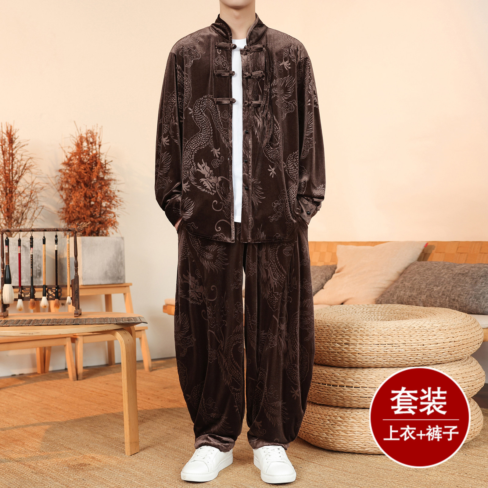 盘扣小众设计J龙纹金丝绒夹克阔腿裤风套装男TZ179-P136控158,男装休闲套装,电商A005