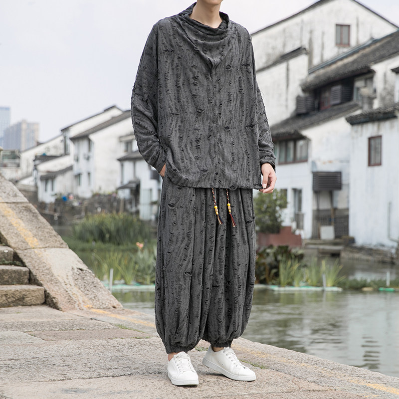 新中式J破洞不规则领堆堆领小众束脚阔腿裤套装男TZ30-P143控168，男装T恤，电商A005