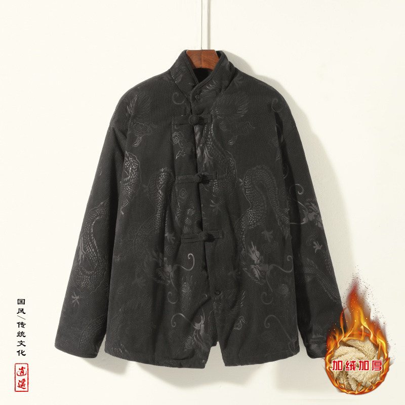新中式X斜领盘扣龙纹暗花灯芯绒羊羔毛夹克棉衣服JK19-P135控158,男装夹克,电商A005