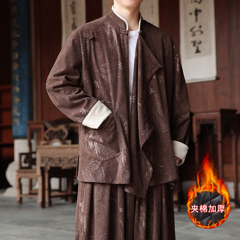 新中式U斜襟龙纹灯芯绒中山装夹棉加厚外套棉衣JK1020-P135控158,男装棉衣,电商A005